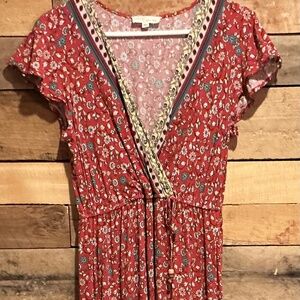 Bebop Dress Women's L Brick Floral V-neck Fit N Flare Cottagecore Boho 70s Beach